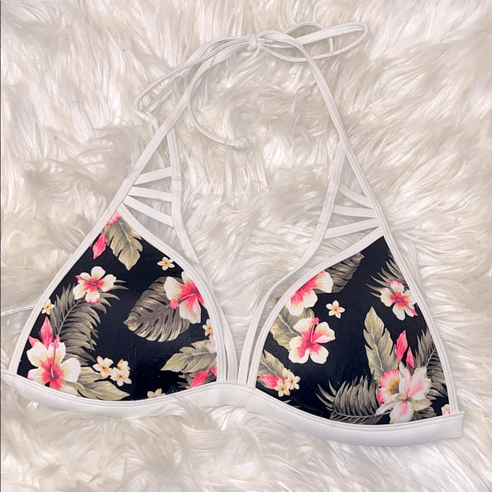 PINK - Hibiscus Bikini Top with Strappy Design.